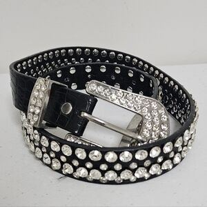 Beltiscool Black Skinny Rhinestone Belt Size 28" Cowboy Cowgirl Bling EUC **